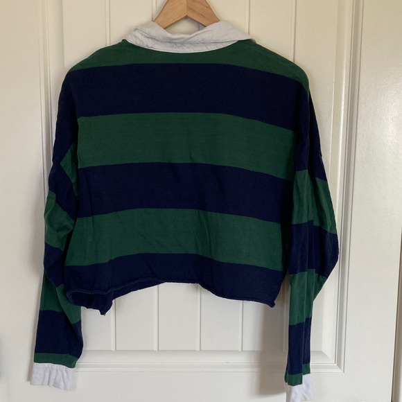Faded Rose Womens Cropped Rugby Shirt Navy Green Stripes Size XL Collar Long Slv - Picture 9 of 10
